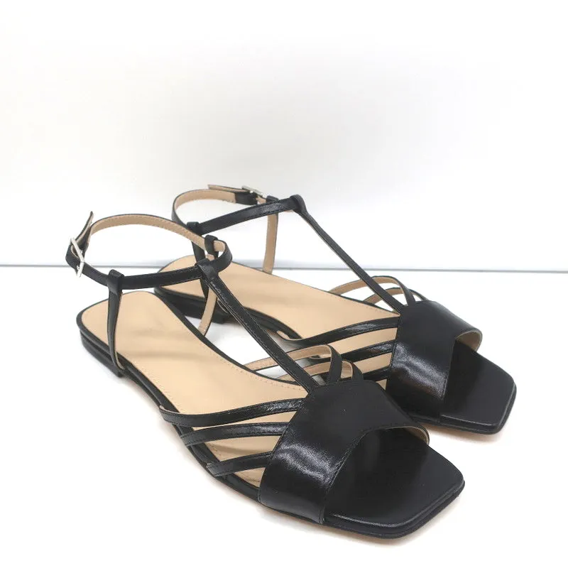 Theory V-Riemchen Sandalen Schwarz Leder Größe 38.5 Slingback Flats NEU