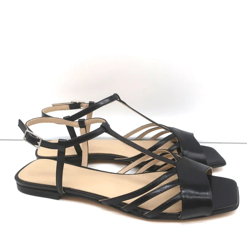 Theory V-Riemchen Sandalen Schwarz Leder Größe 38.5 Slingback Flats NEU