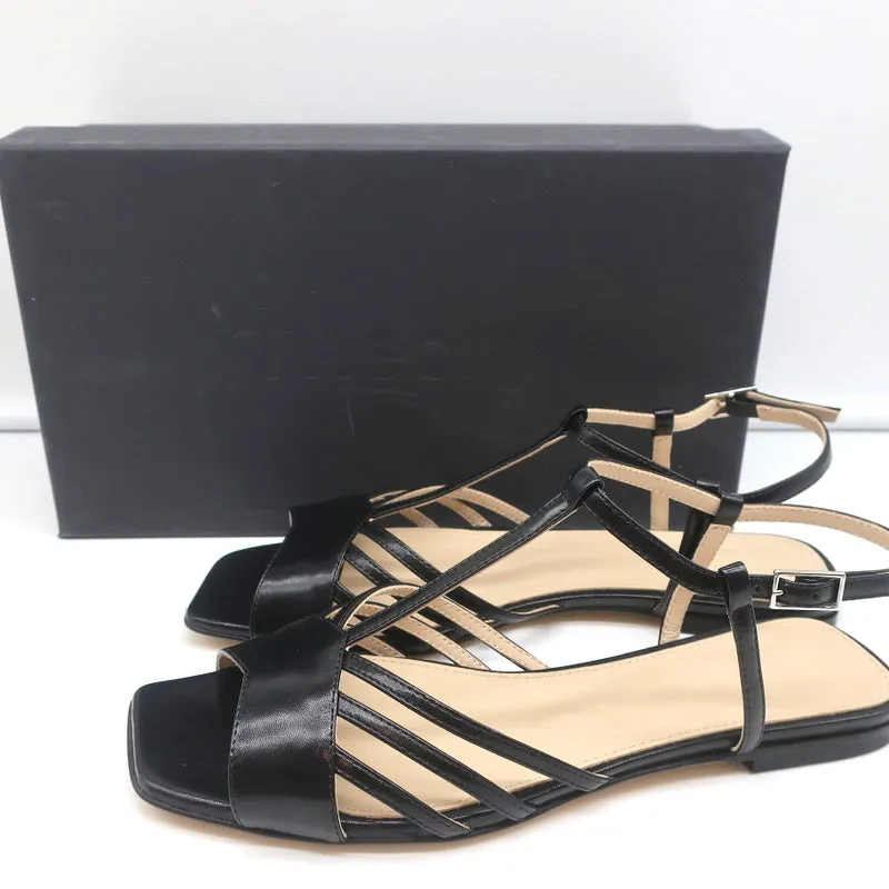Theory V-Riemchen Sandalen Schwarz Leder Größe 38.5 Slingback Flats NEU
