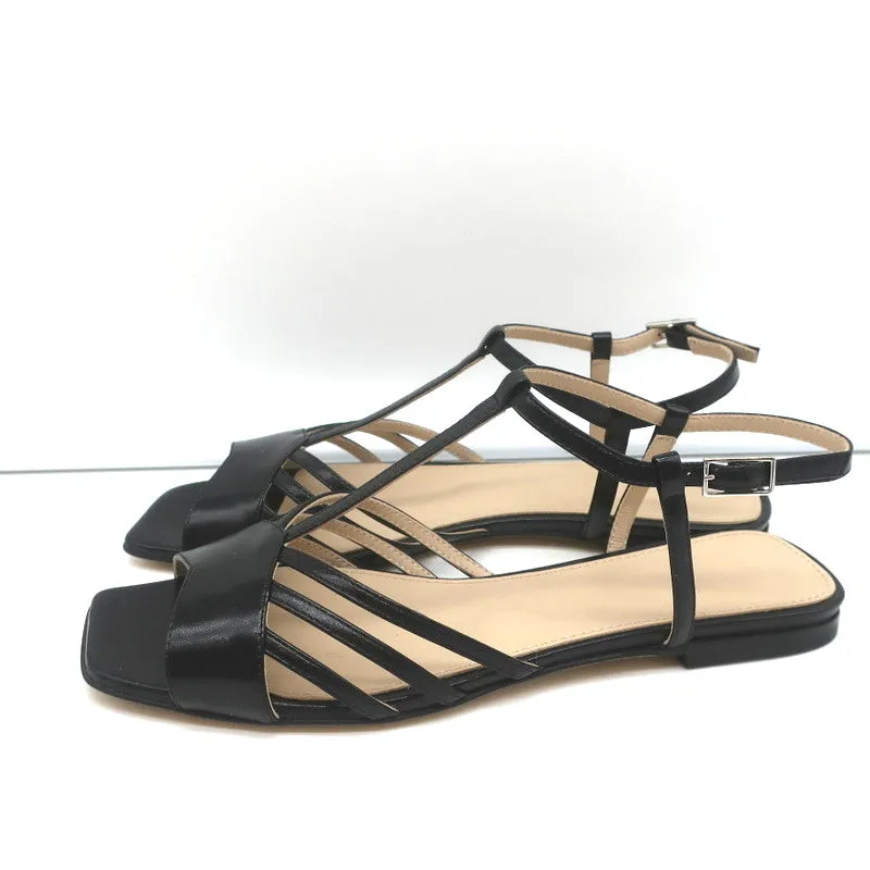 Theory V-Riemchen Sandalen Schwarz Leder Größe 38.5 Slingback Flats NEU