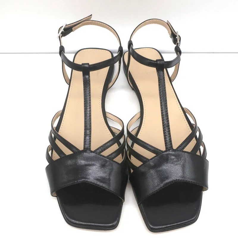 Theory V-Riemchen Sandalen Schwarz Leder Größe 38.5 Slingback Flats NEU