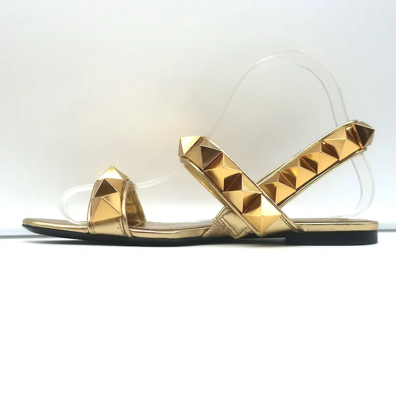 Valentino Roman Stud Slingback Flache Sandalen Gold Metallic Leder Größe 36