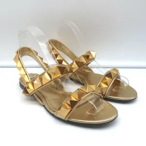 Valentino Roman Stud Slingback Flache Sandalen Gold Metallic Leder Größe 36