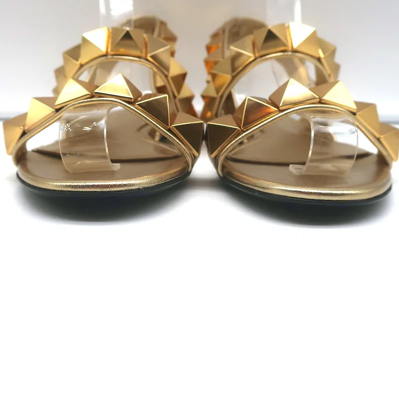 Valentino Roman Stud Slingback Flache Sandalen Gold Metallic Leder Größe 36