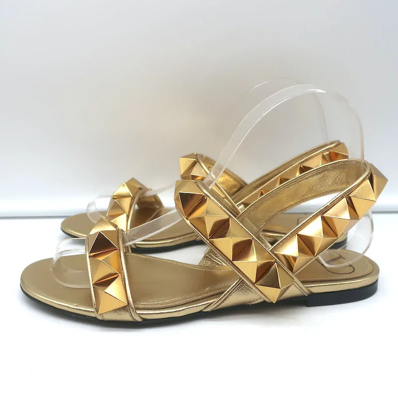 Valentino Roman Stud Slingback Flache Sandalen Gold Metallic Leder Größe 36