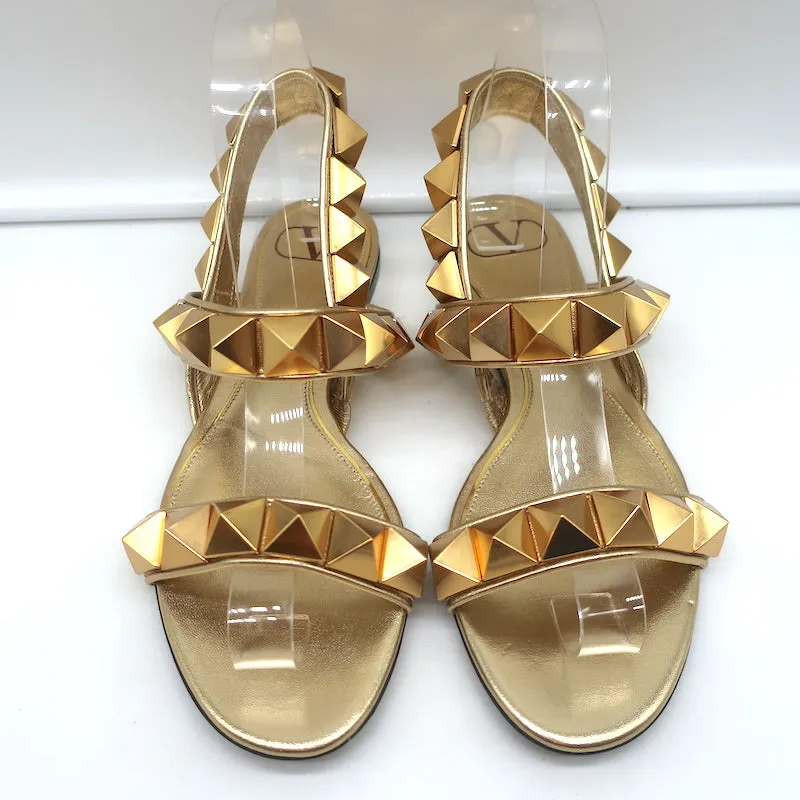 Valentino Roman Stud Slingback Flache Sandalen Gold Metallic Leder Größe 36