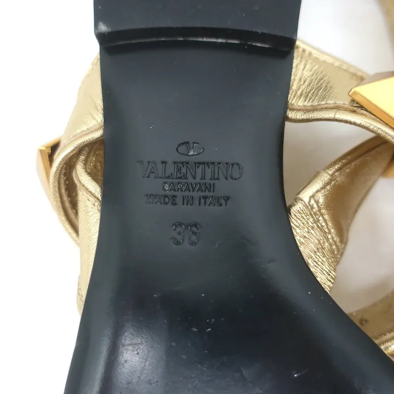 Valentino Roman Stud Slingback Flache Sandalen Gold Metallic Leder Größe 36