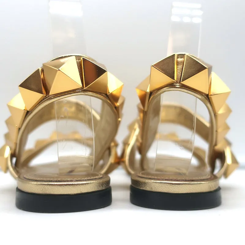 Valentino Roman Stud Slingback Flache Sandalen Gold Metallic Leder Größe 36
