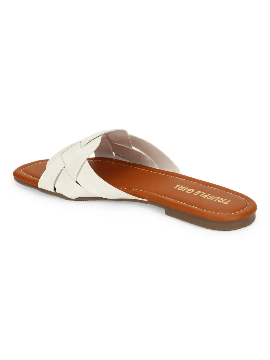 Weiße PU-Slipper mit gewebtem Riemen