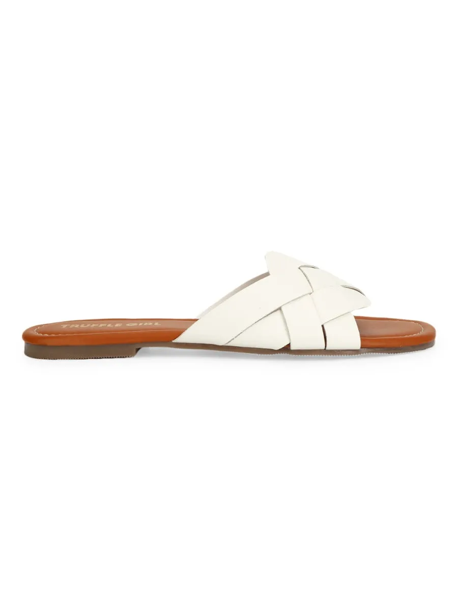 Weiße PU-Slipper mit gewebtem Riemen
