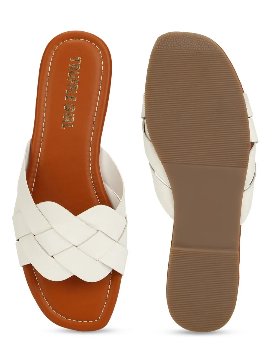 Weiße PU-Slipper mit gewebtem Riemen