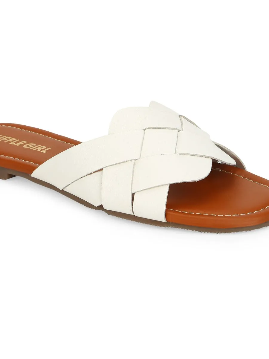 Weiße PU-Slipper mit gewebtem Riemen