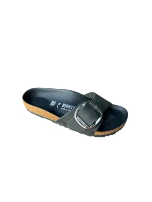 Damen Madrid Big Buckle Sandale in schwarzem Leder