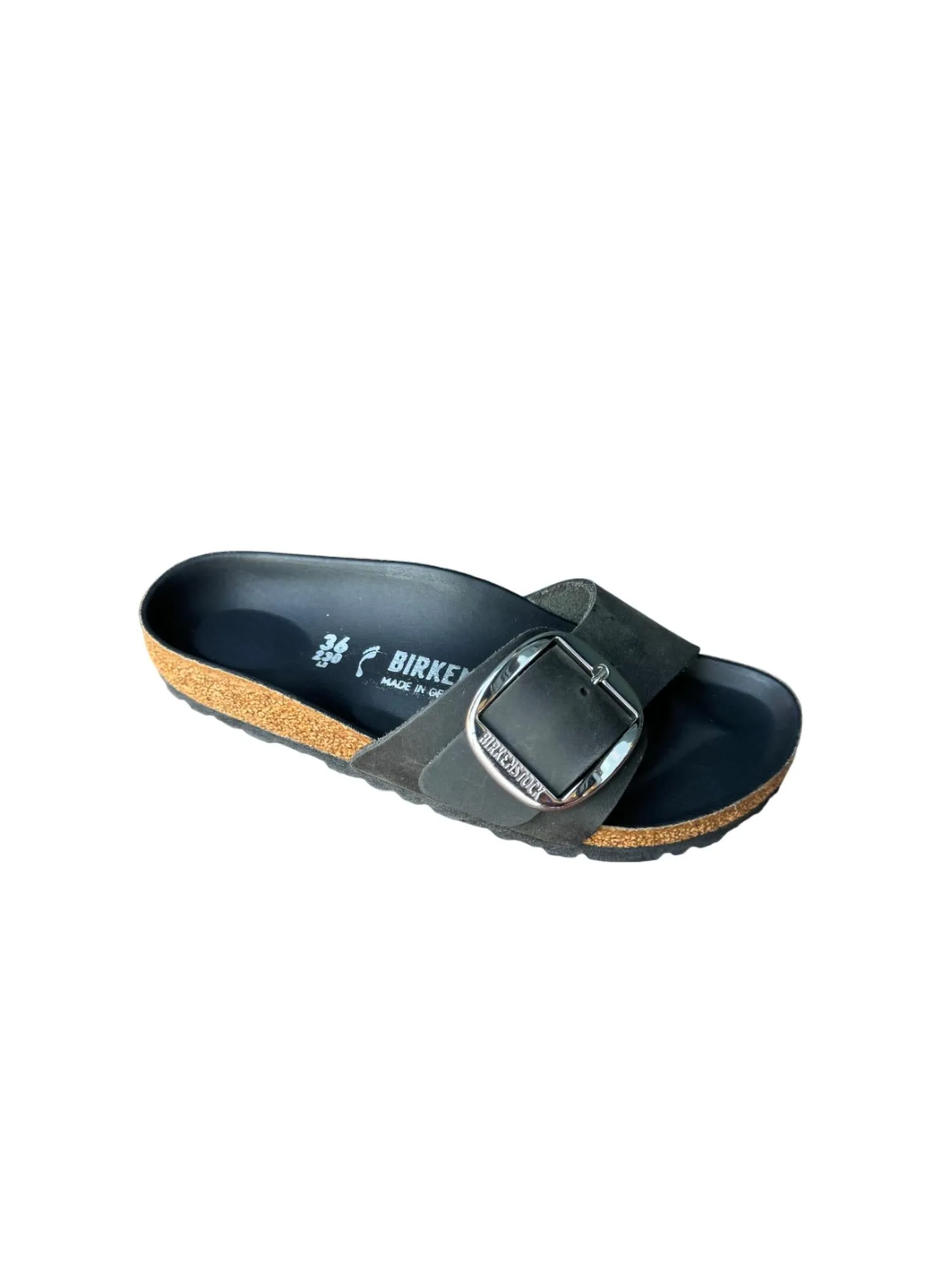 Damen Madrid Big Buckle Sandale in schwarzem Leder