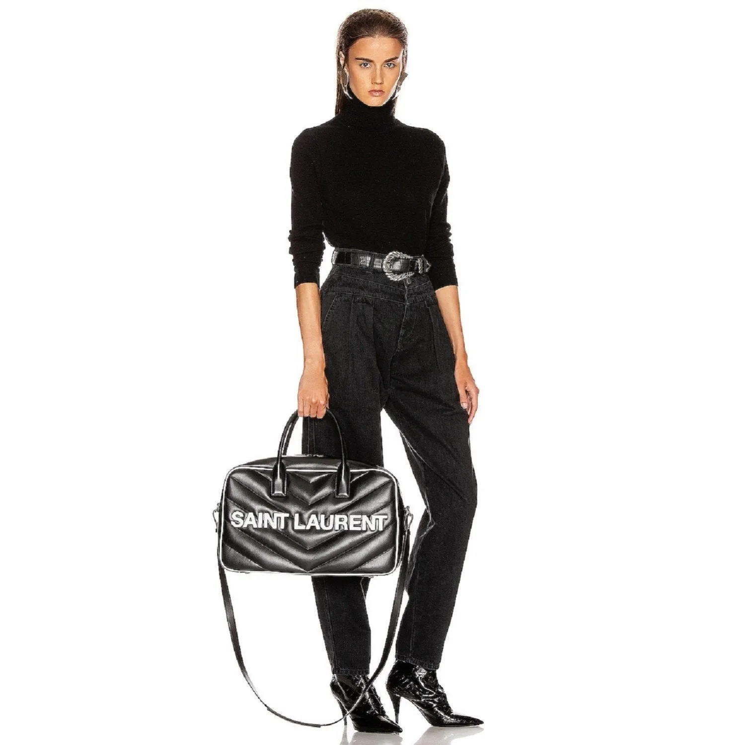 Ysl Tasche Saint Laurent Miles Logo Schwarzes Kalbsleder Duffel Bowling Bag 525145