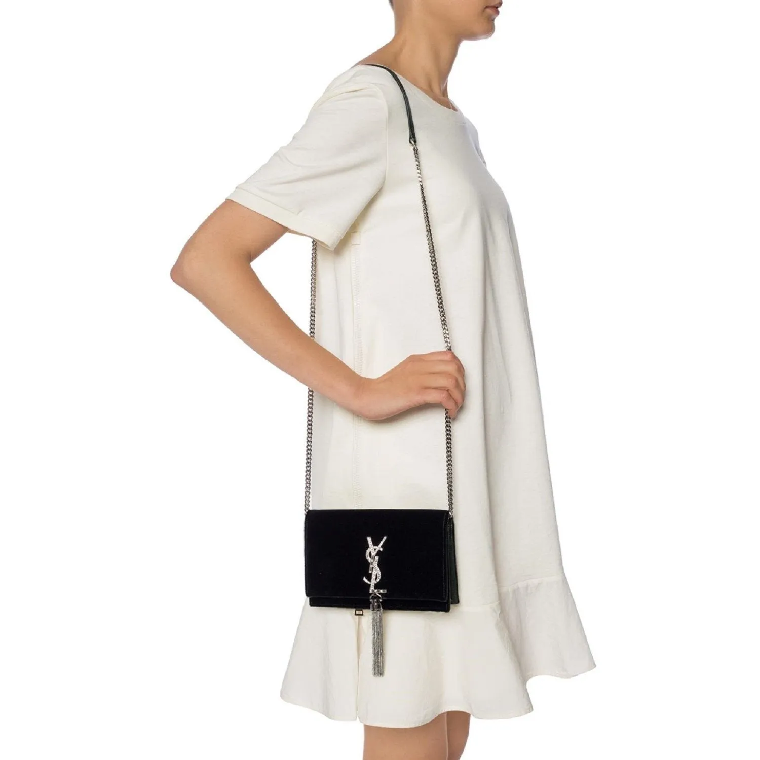 Ysl Taschen Saint Laurent Monogram Kate Quaste Kristall Grün Samt Umhängetasche 491521