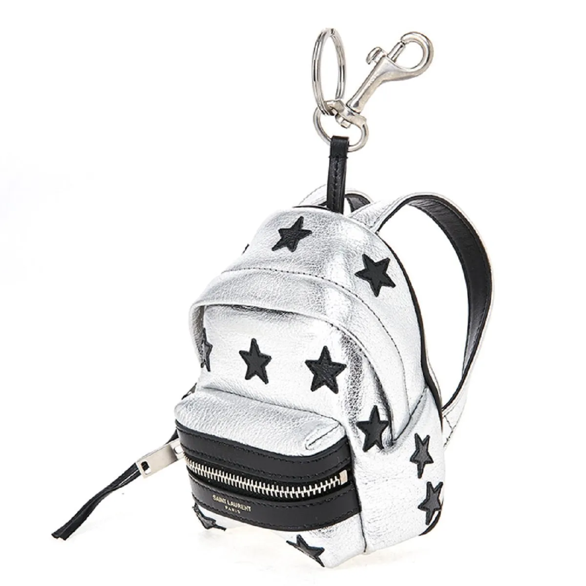 Ysl Taschen Saint Laurent Silber/Schwarz Unisex Reißverschluss Rucksack Schlüsselanhänger Schwarze Sterne 441914