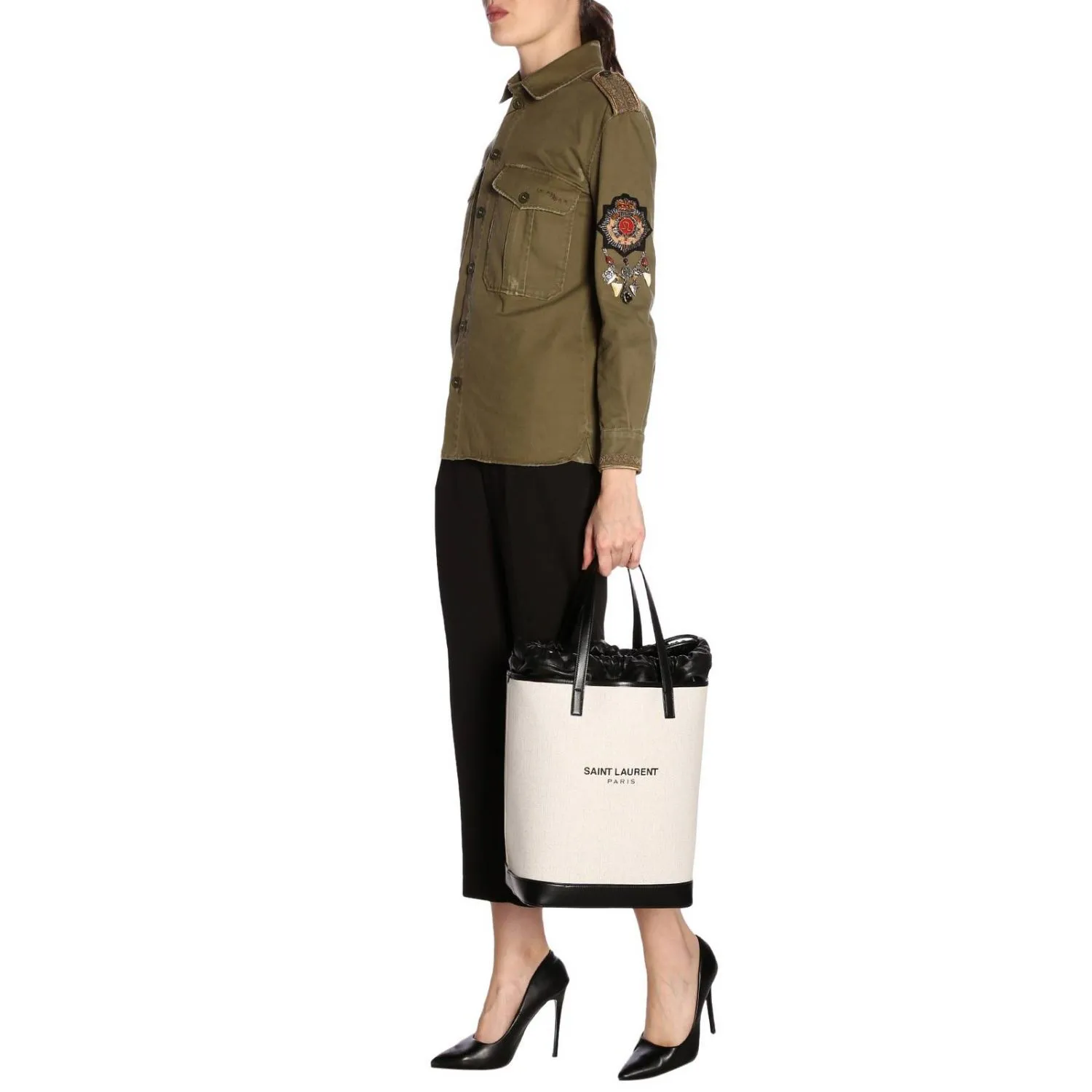 Ysl Tasche Saint Laurent Teddy Weiß Beschichtete Leinen Zugband Eimer Tasche 551595